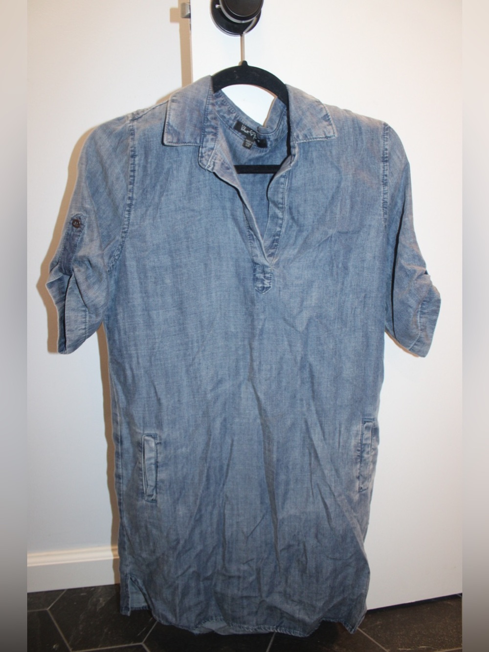 Velvet Heart Chambray Tencel Tunic Shirt Dress Blue Pockets XS